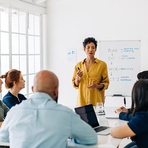 Eine Frau in gelber Bluse pr&auml;sentiert vor f&uuml;nf Personen in einem hellen Raum. Hinter ihr steht ein Flip-Chart.