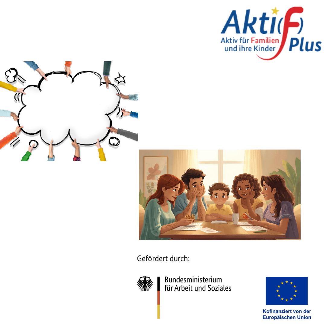 Oben rechts das AktifPlus-Logo mit Schriftzug, links oben eine gezeichnete Wolke mit H&auml;nden und Symbolen, unten rechts eine Gruppe von Kindern und Erwachsenen an einem Tisch, unten Logos des Bundesministeriums f&uuml;r Arbeit und Soziales und der Europ&auml;ischen Union.