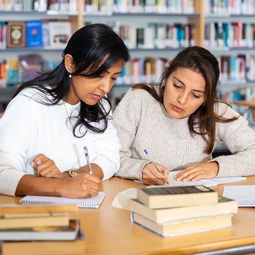 Zwei Studentinnen sitzen in einer Bibliothek an einem Tisch mit vielen Büchern und bearbeiten gemeinsam Aufgaben.