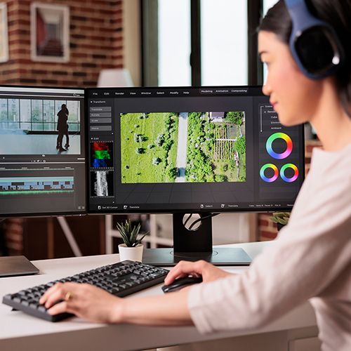 Eine Woman of Colour sitzt vor zwei großen Monitoren und schneidet eine Filmszene.